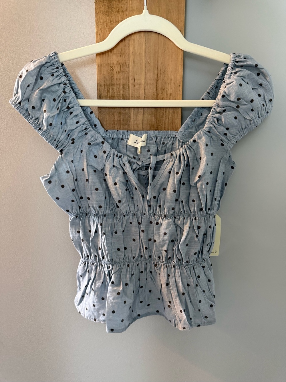 LOVE NOTES Blue Polka Dot Smocked Peasant Top, NWTs